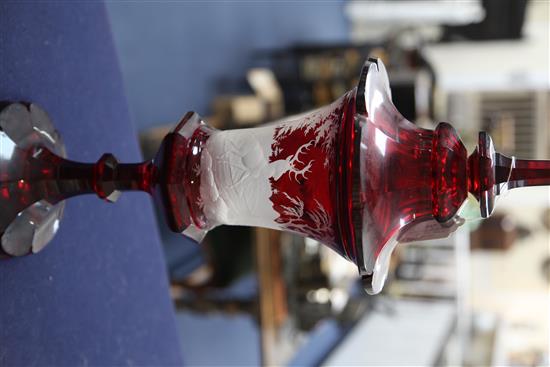 A large Bohemian ruby-stained glass cup and cover, mid 19th century, height 51 cm, finial re-fixed, shallow chips